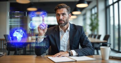 Empresário usando tecnologia futurista com interface digital