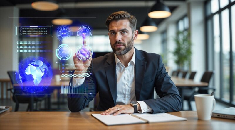 Empresário usando tecnologia futurista com interface digital